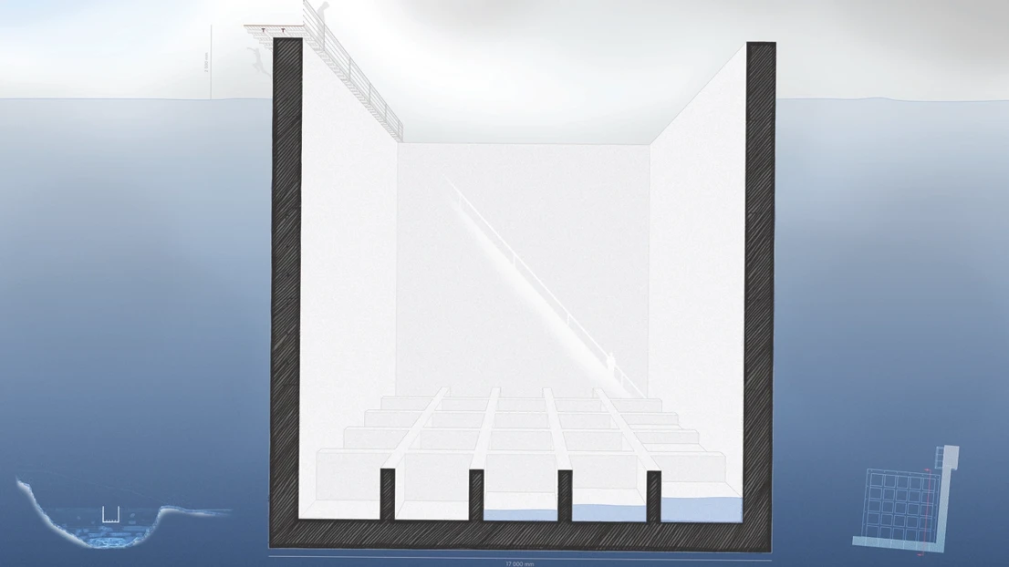 rendered drawing of floating building in river