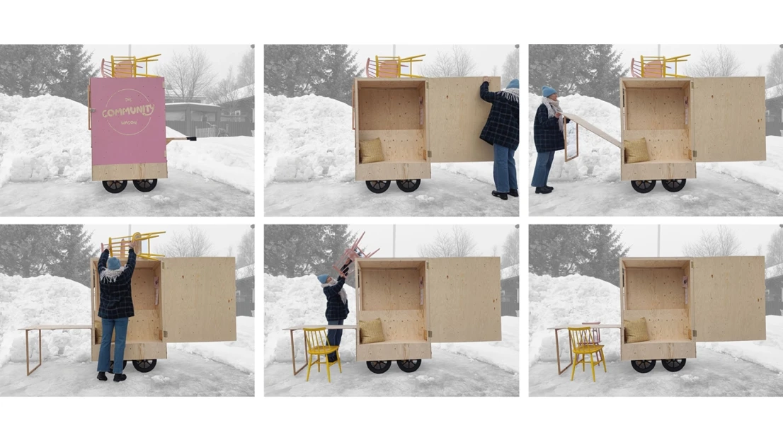 Image series of 6 images showing a movable module built in wood and how it is used