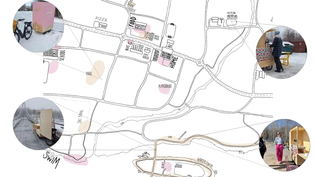 Drawn map and infold images of a movable wagon in wood