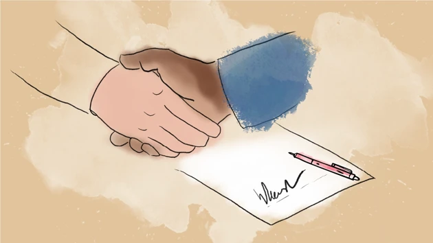 Illustration, handslag och underskrift
