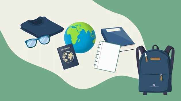 Video: A drawn illustration with a backpack, a passport, a note book, a book, sun glasses, a t-shirt and a globe.