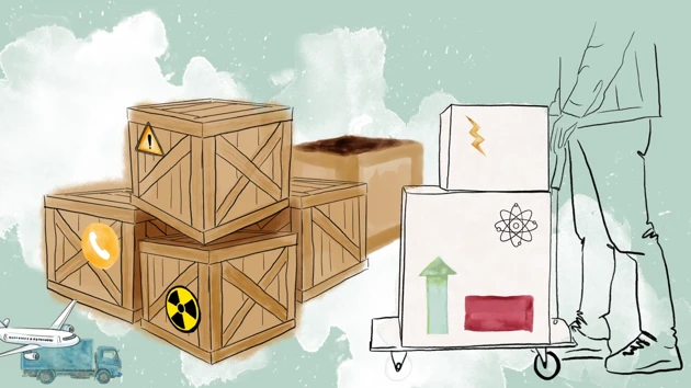 Illustration, trälådor, kartonger som skickas via flyg eller lastbil.