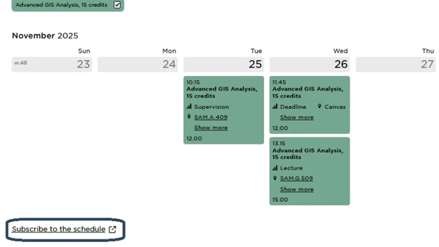 Screenshot of a schedule on the student website, where the link to start subscribing to a schedule is marked in blue.